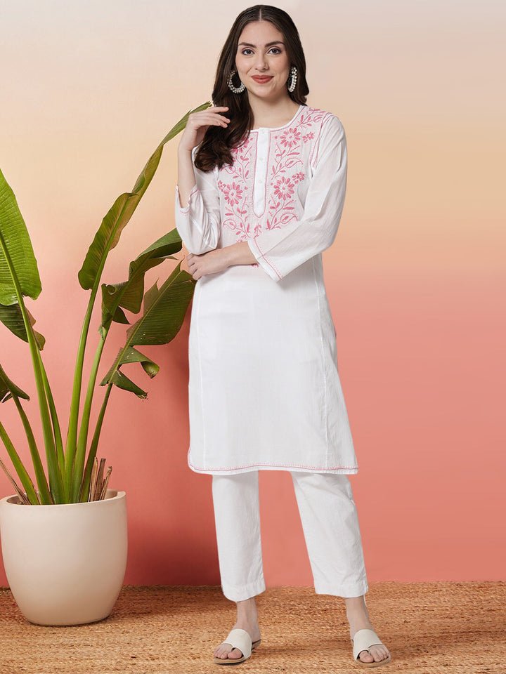 Hand Embroidered Chikankari Cotton Straight Kurta-NM125