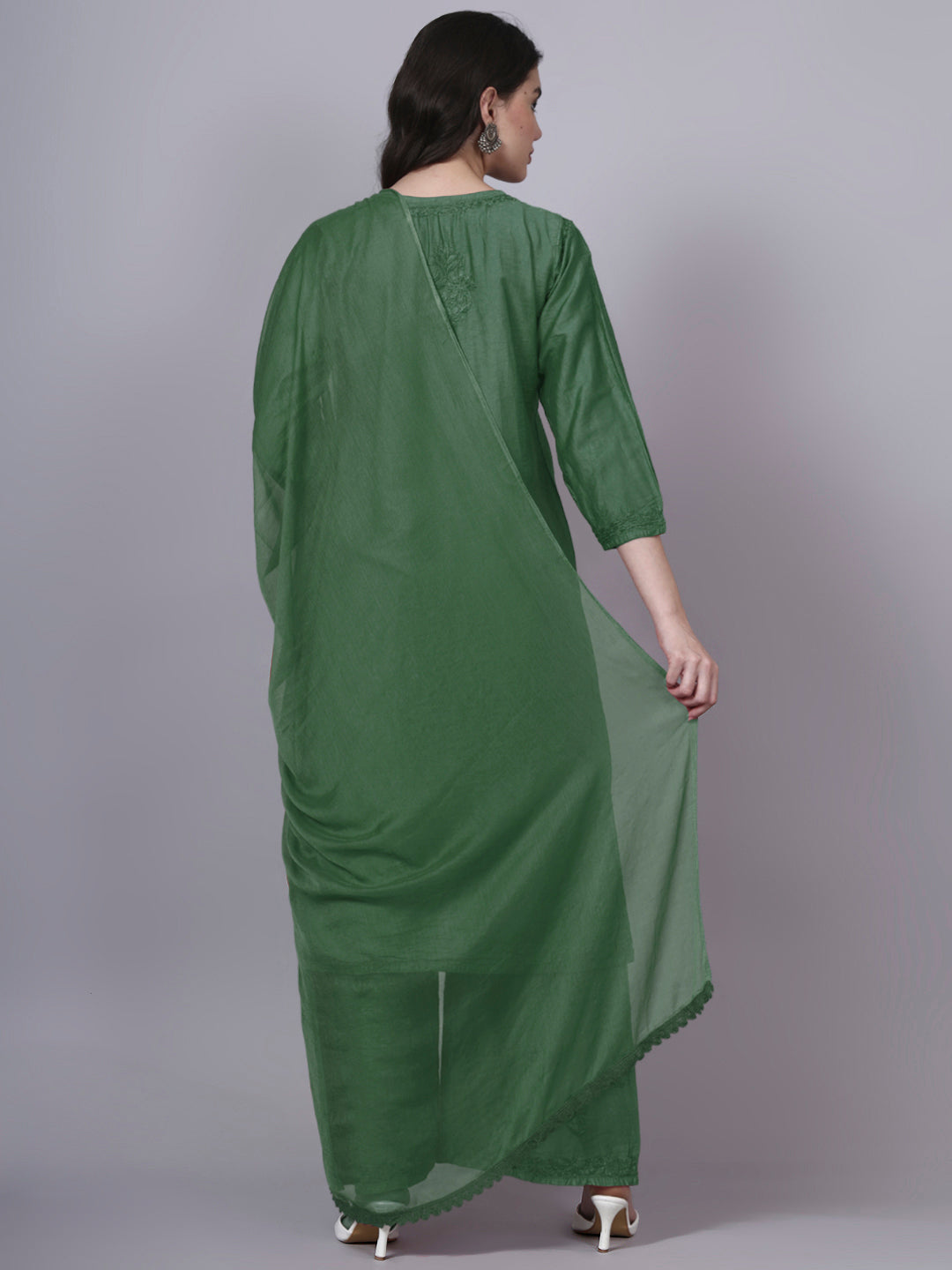 Women Hand Embroidered Chikankari Chanderi Kurta Set with dupatta PC4136KS Green