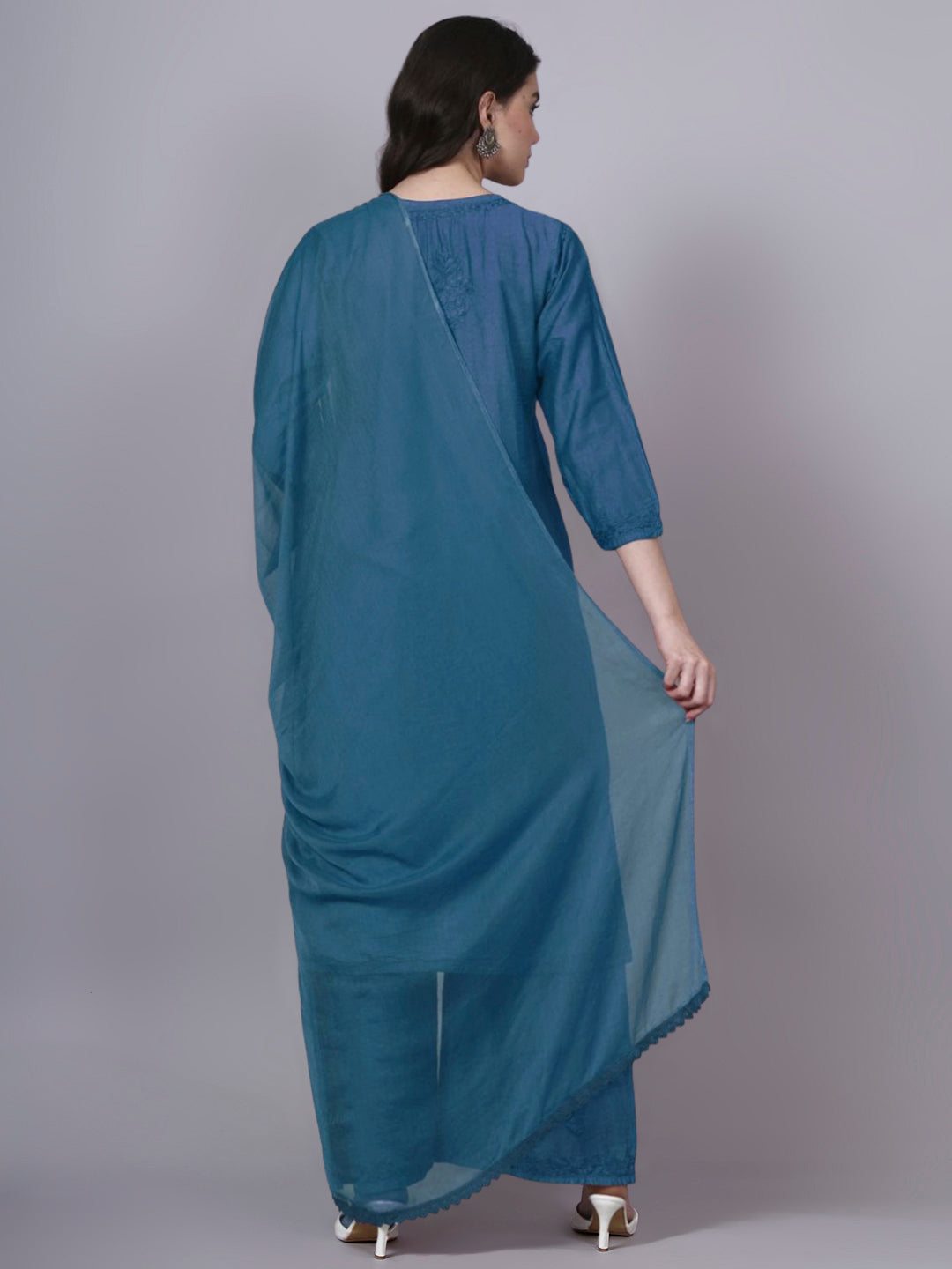 Women Hand Embroidered Chikankari Chanderi Kurta Set with dupatta PC4136KS Blue