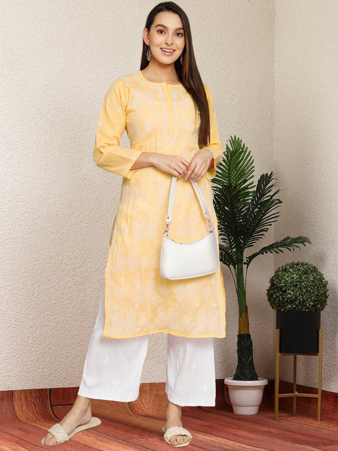 Hand Embroidered Chikankari Cotton Straight Kurta- PC3495