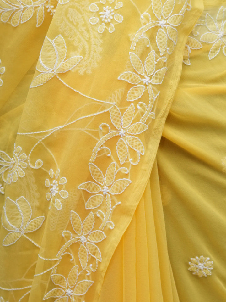 Hand Embroidered Chikankari Georgette Saree PCSAR03 Yellow
