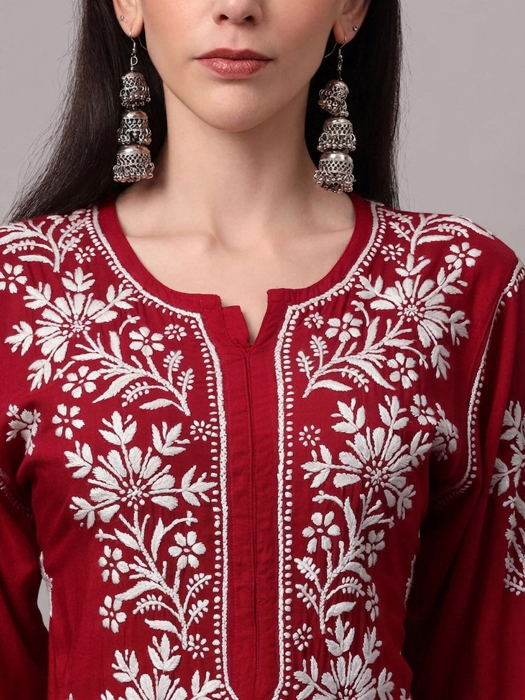 Hand Embroidered Chikankari Modal Straight Kurta PC4059-Red