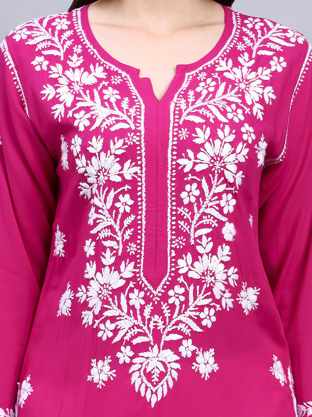 Hand Embroidered Chikankari Modal Straight Kurta- PC4059 Magenta