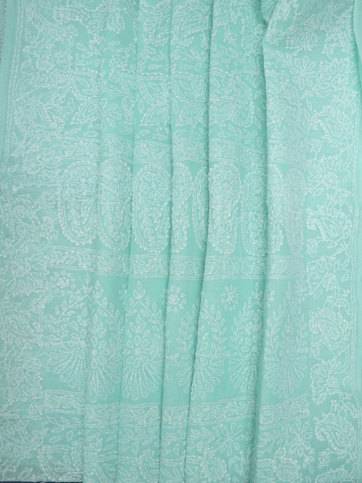 Hand Embroidered Chikankari Cotton Saree PCSAR02 Seagreen