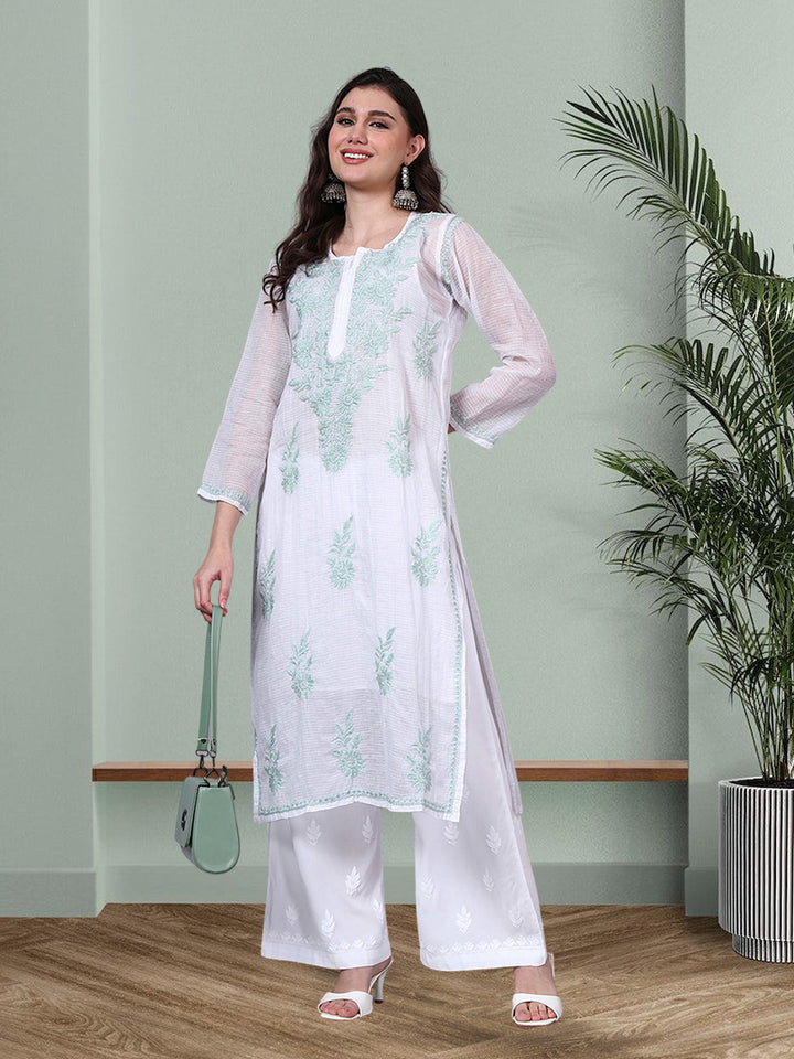 Hand Embroidered Chikankari Kota Cotton Straight Kurta With Matching Slip- PC4137 Seagreen