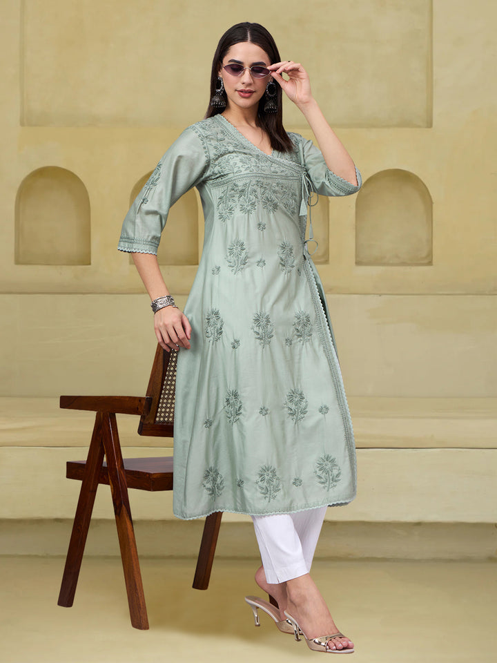 Women chikankari hand Embroidered Chanderi Angrakha kurta-PC3667 Seagreen
