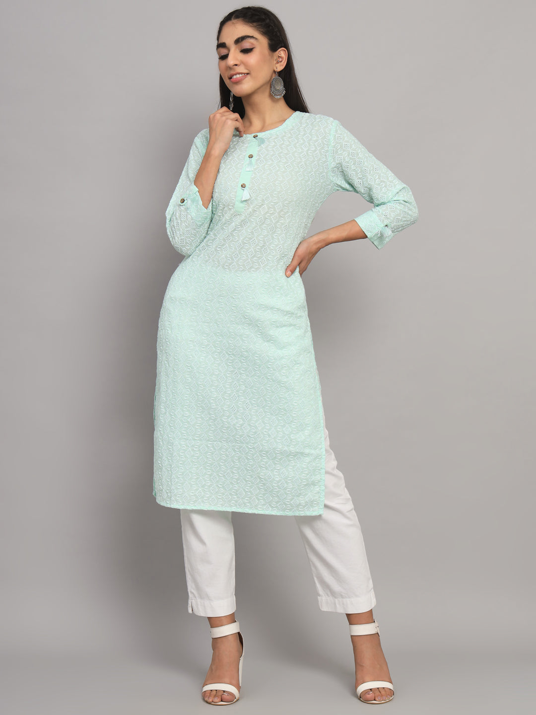 Hand Embroidered White Chikankari Cotton straight Kurta-PC3457