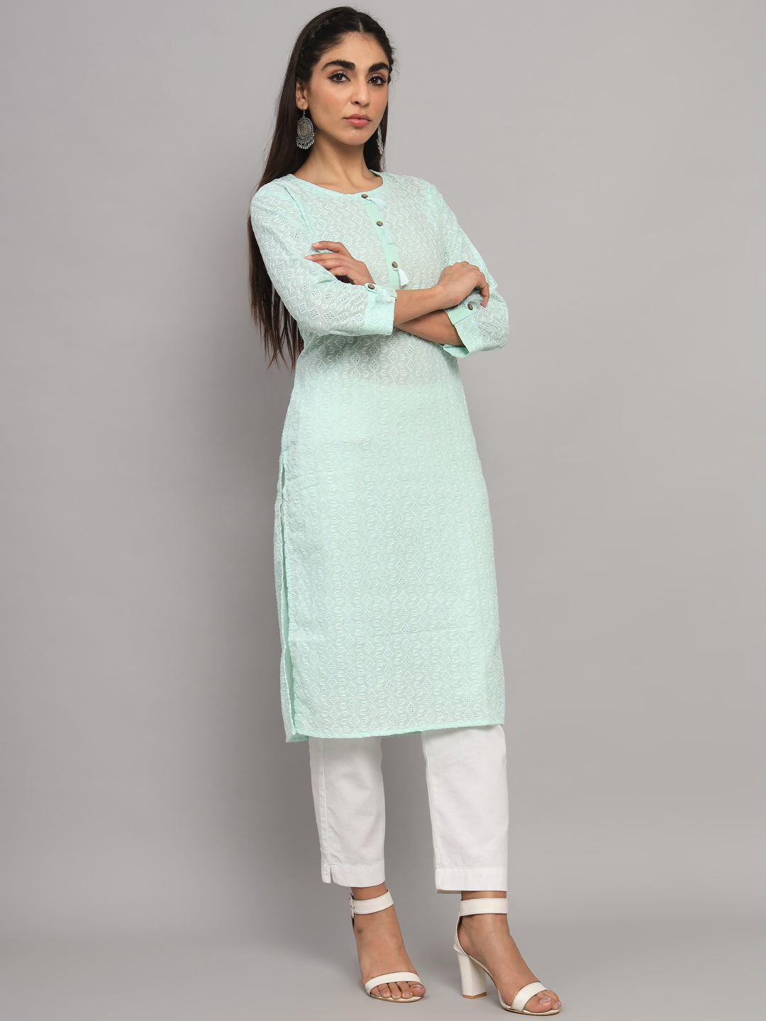 Hand Embroidered White Chikankari Cotton straight Kurta-PC3457