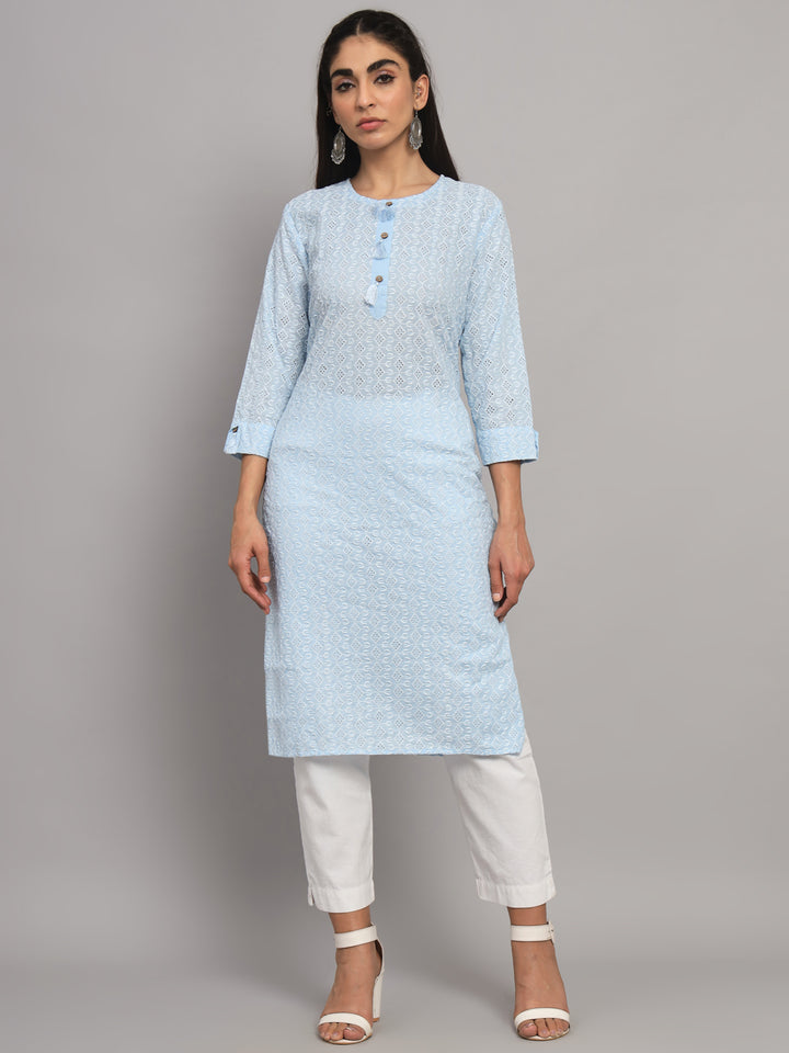 Hand Embroidered White Chikankari Cotton straight Kurta-PC3457