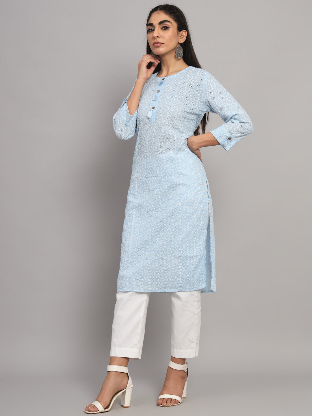 Hand Embroidered White Chikankari Cotton straight Kurta-PC3457