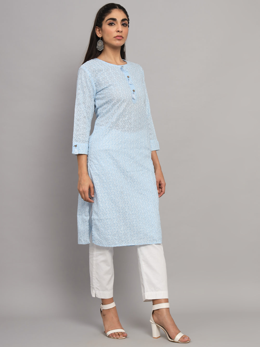 Hand Embroidered White Chikankari Cotton straight Kurta-PC3457