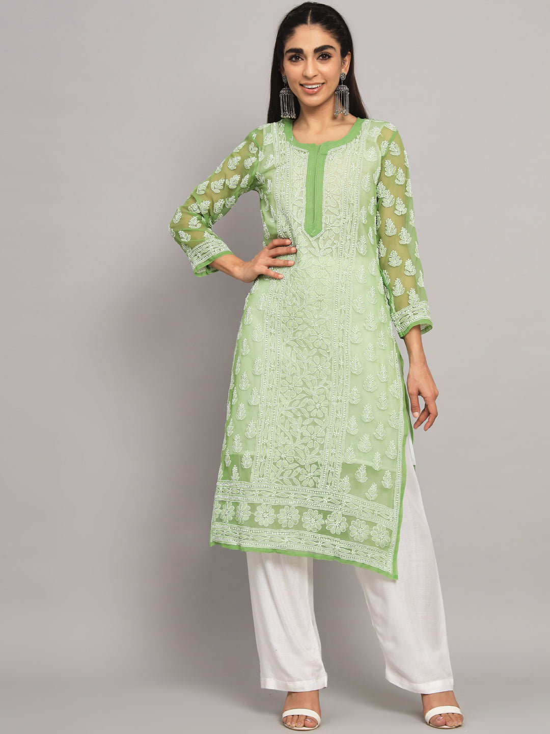 Hand Embroidered Chikankari Georgette Straight Kurta With Matching Slip- PC3594