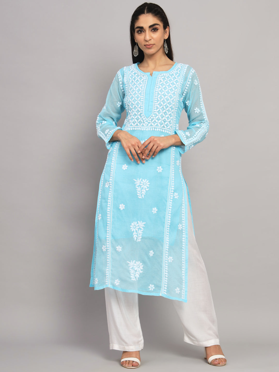 Hand Embroidered Chikankari Kota Cotton straight Kurta with matching Slip- PC3593