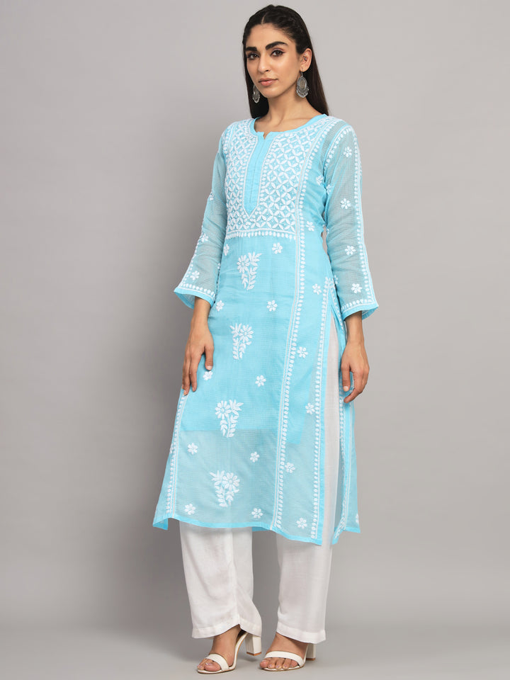 Hand Embroidered Chikankari Kota Cotton straight Kurta with matching Slip- PC3593