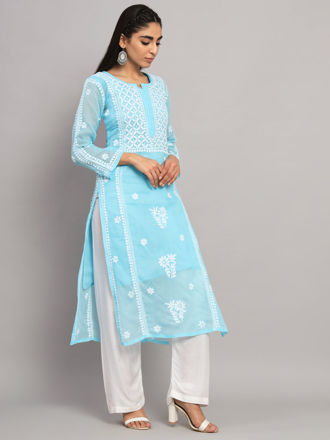 Hand Embroidered Chikankari Kota Cotton straight Kurta with matching Slip- PC3593