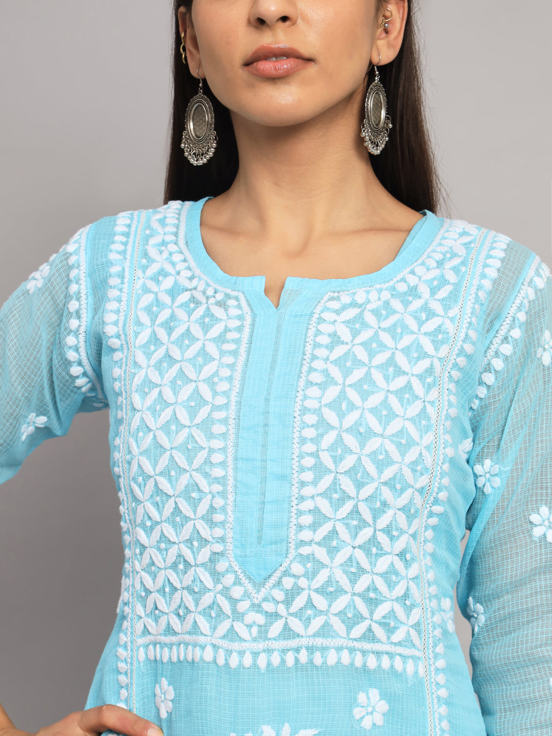 Hand Embroidered Chikankari Kota Cotton straight Kurta with matching Slip- PC3593