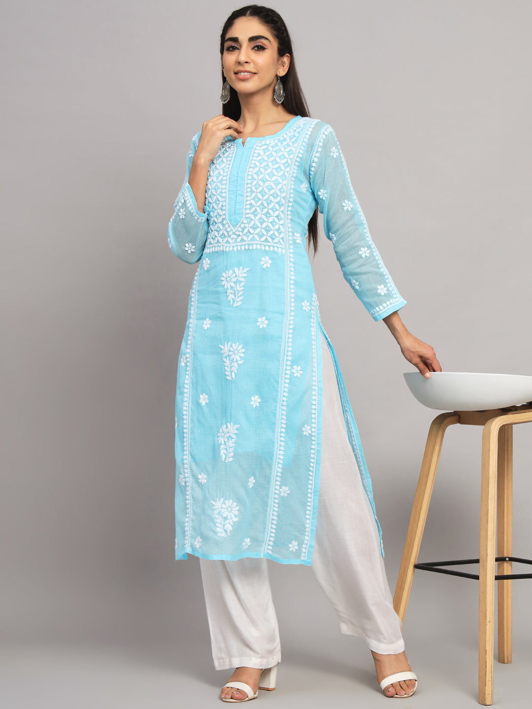 Hand Embroidered Chikankari Kota Cotton straight Kurta with matching Slip- PC3593