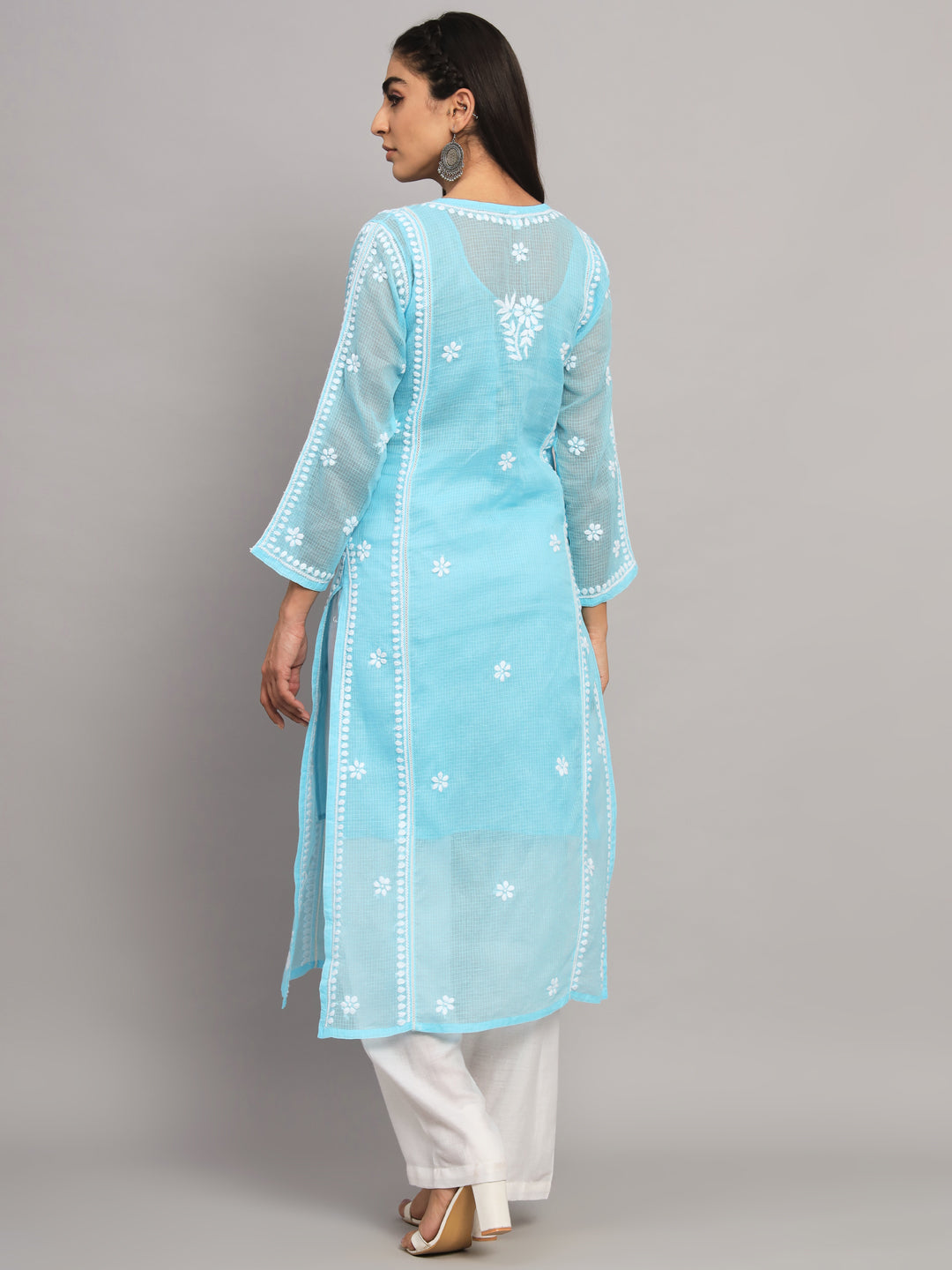 Hand Embroidered Chikankari Kota Cotton straight Kurta with matching Slip- PC3593