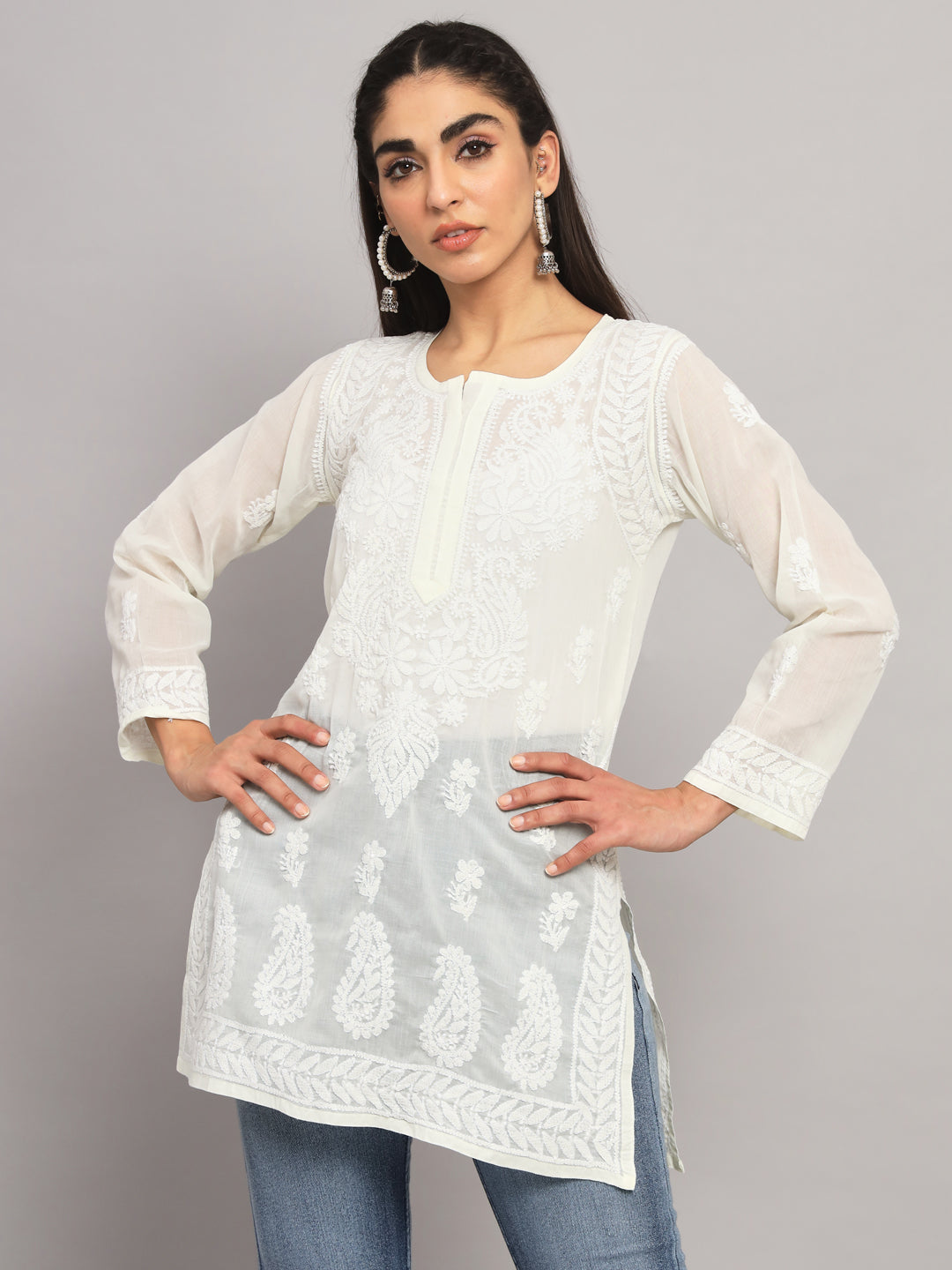 Women Hand Embroidered Chikankari Cotton Kurti PC3595