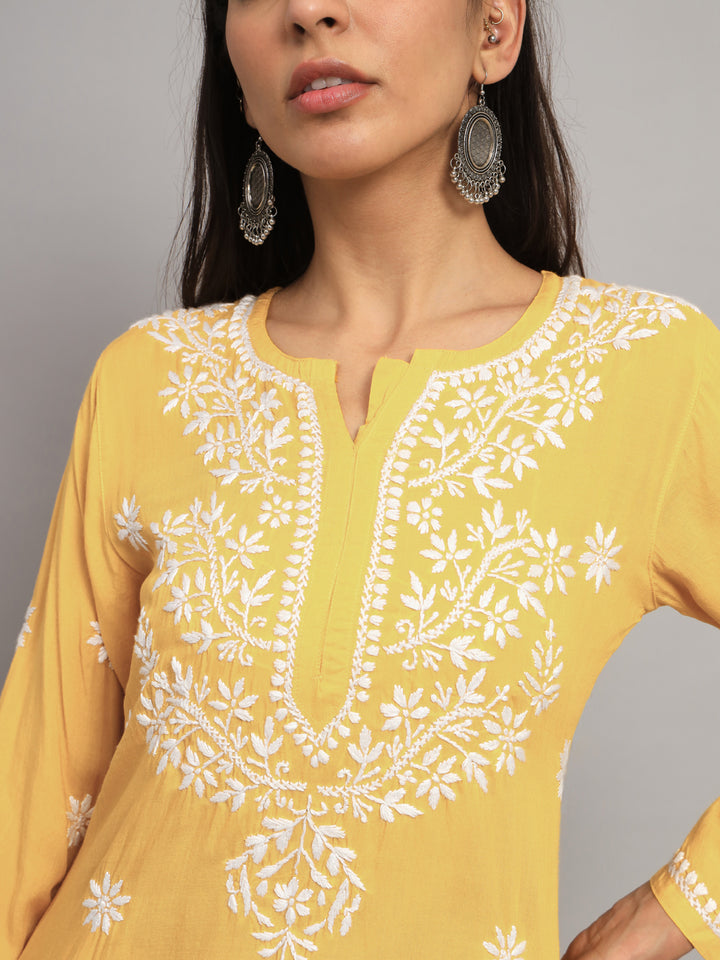 Women Hand Embroidered Chikankari Modal Kurti PC3611 Darkyellow