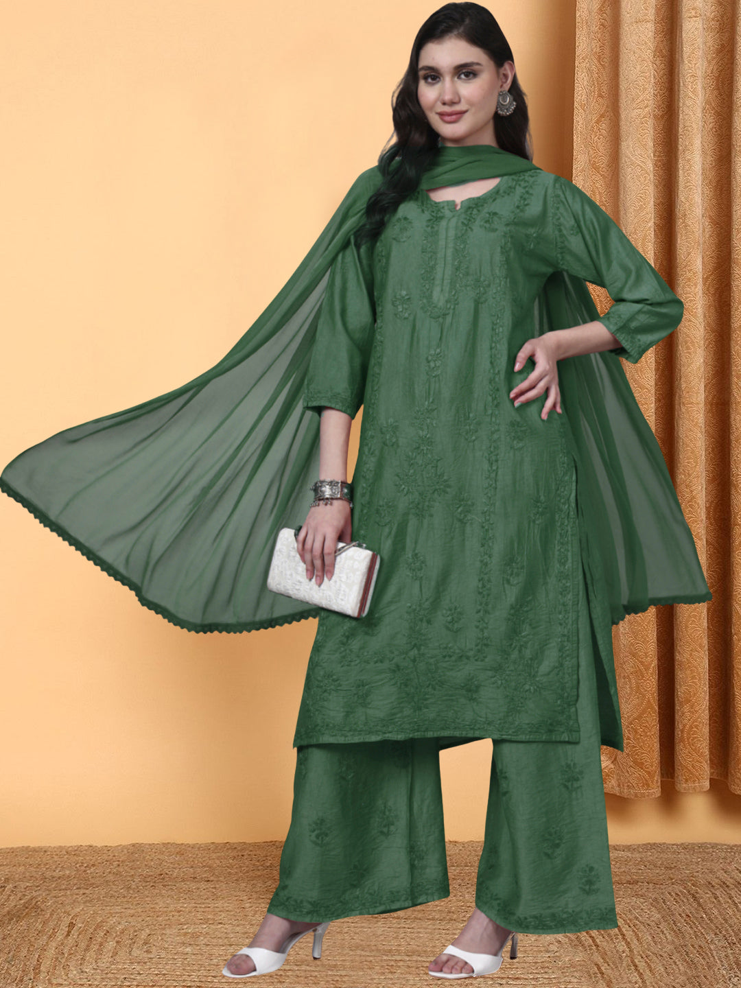 Women Hand Embroidered Chikankari Chanderi Kurta Set with dupatta PC4136KS Green