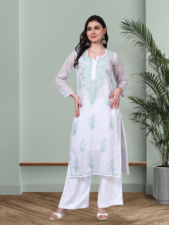 Hand Embroidered Chikankari Kota Cotton Straight Kurta With Matching Slip- PC4137 Seagreen