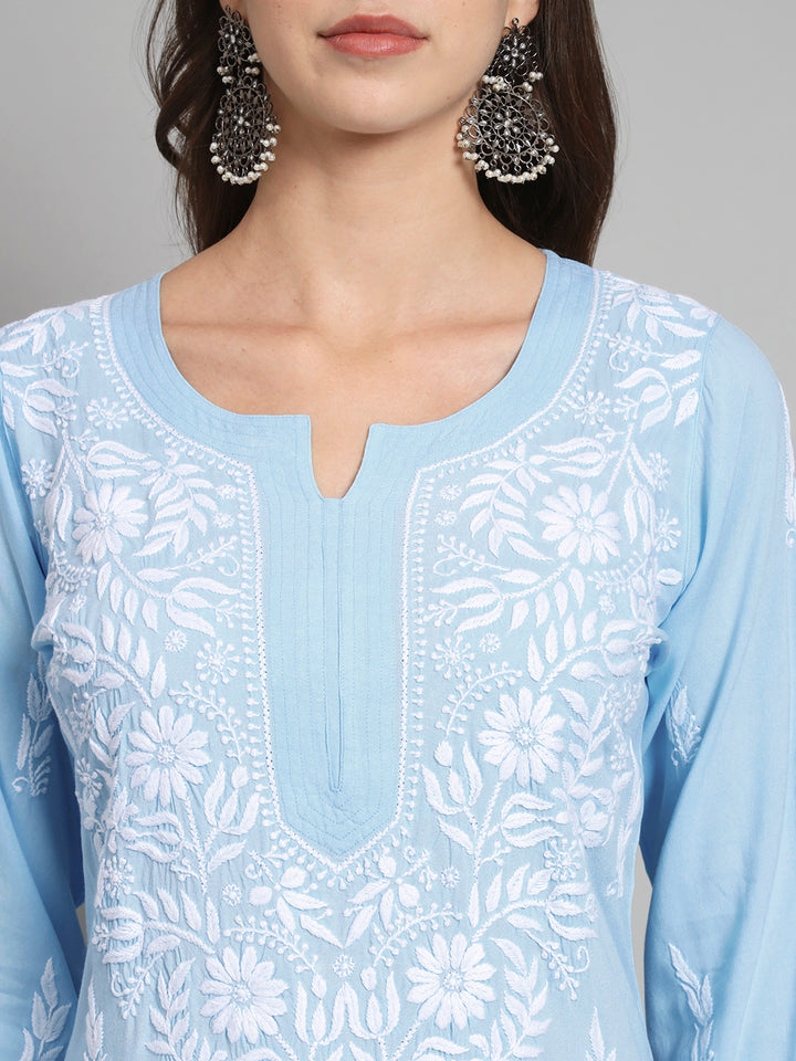 Hand Embroidered White Chikankari Rayon straight Kurta-PC3451