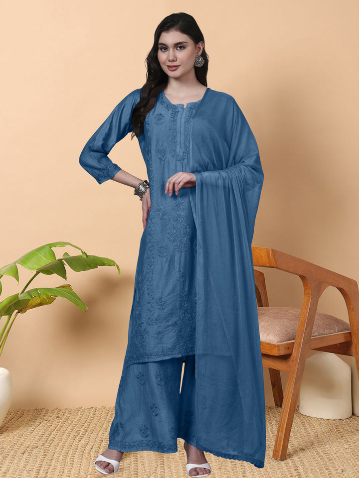 Women Hand Embroidered Chikankari Chanderi Kurta Set with dupatta PC4136KS Blue