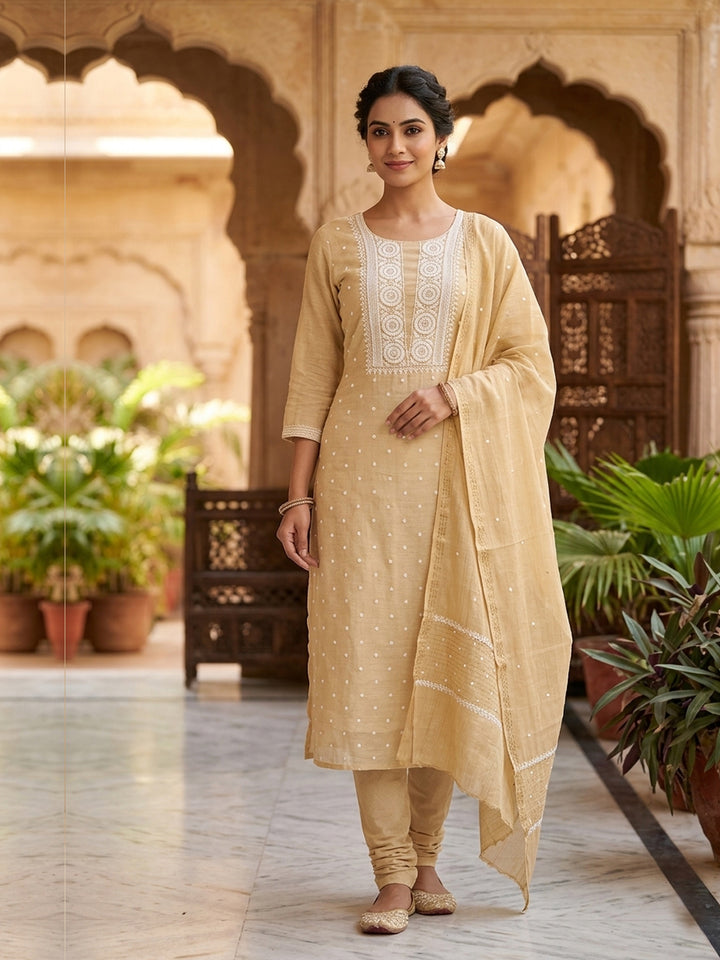 Women Hand Embroidered Chanderi Chikankari Dress Material PCSCA85205FS-BEIGE