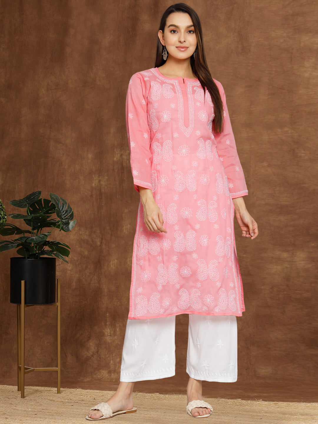 Hand Embroidered Chikankari Cotton Straight Kurta- PC3495