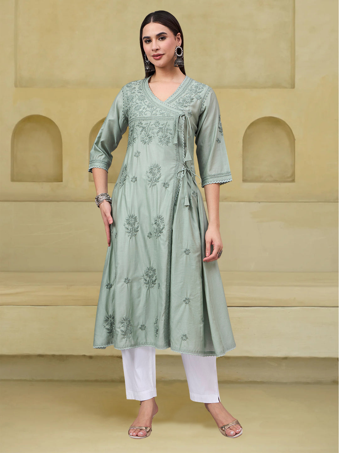 Women chikankari hand Embroidered Chanderi Angrakha kurta-PC3667 Seagreen