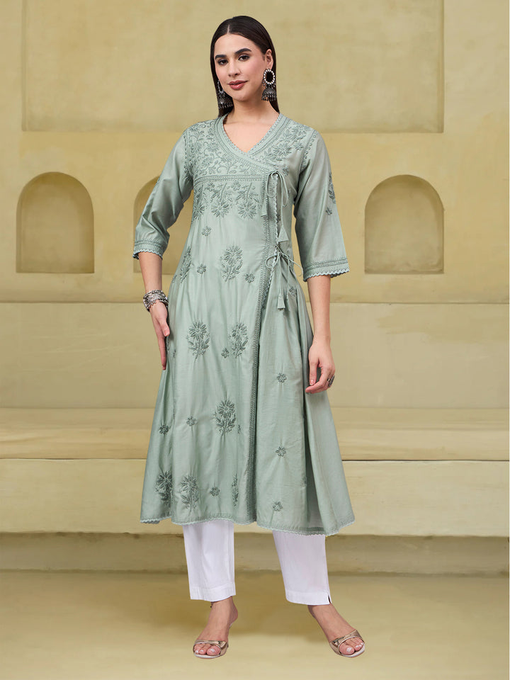 Women chikankari hand Embroidered Chanderi Angrakha kurta-PC3667 Seagreen