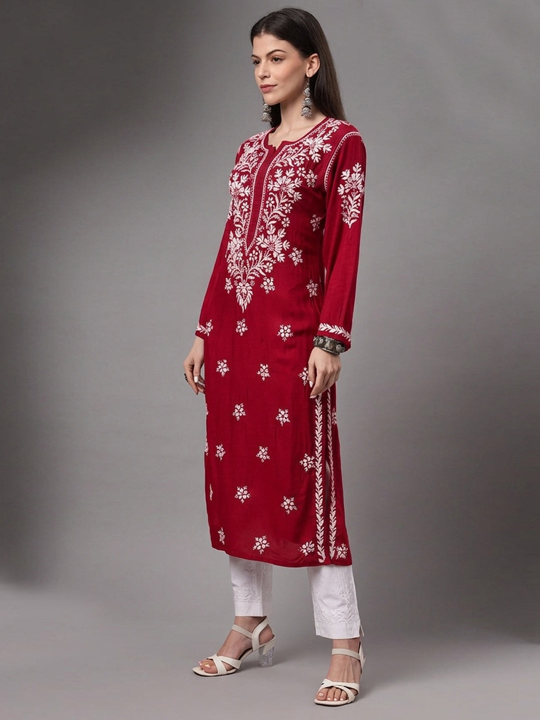 Hand Embroidered Chikankari Modal Straight Kurta PC4059-Red