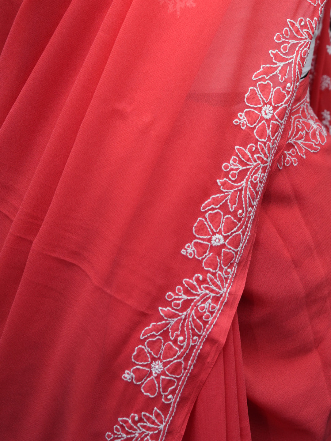Hand Embroidered Chikankari Georgette Saree PCSAR04 Coral
