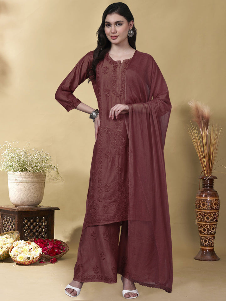 Women Hand Embroidered Chikankari Chanderi Kurta Set with dupatta PC4136KS Brown