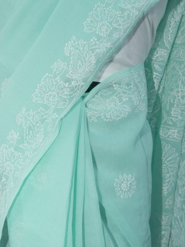 Hand Embroidered Chikankari Cotton Saree PCSAR02 Seagreen