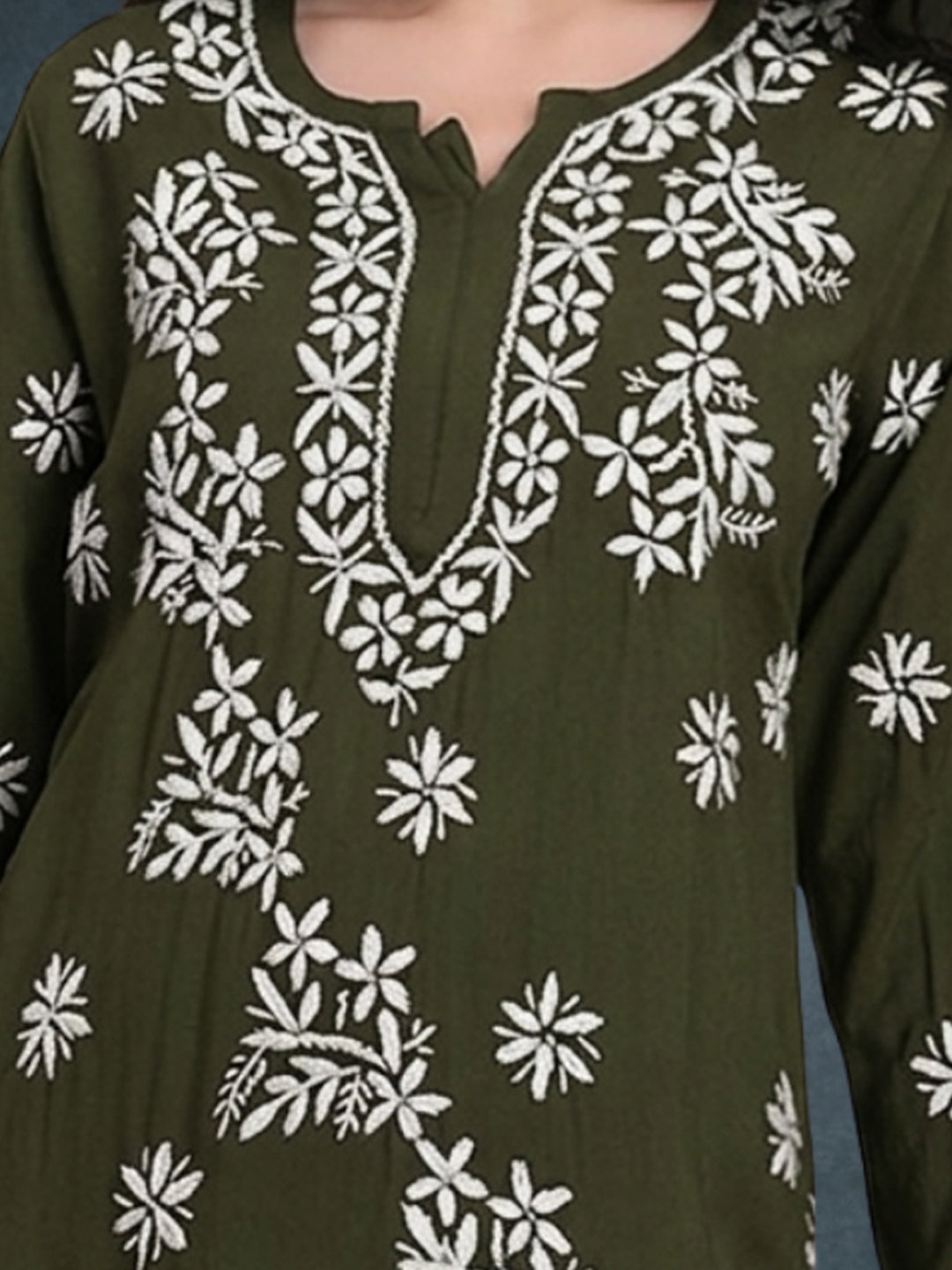 Women Hand Embroidered Chikankari Rayon Kurti PC4071 Olive