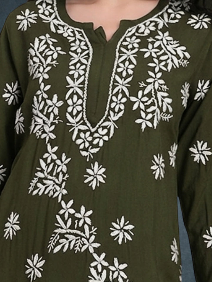 Women Hand Embroidered Chikankari Rayon Kurti PC4071 Olive