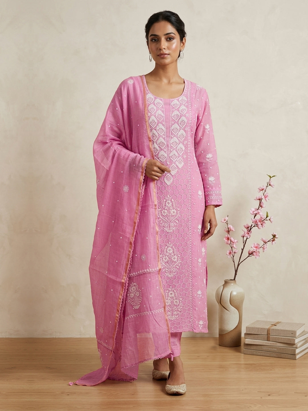 Women Hand Embroidered Chanderi Chikankari Dress Material PCSCA85201FS-PINK