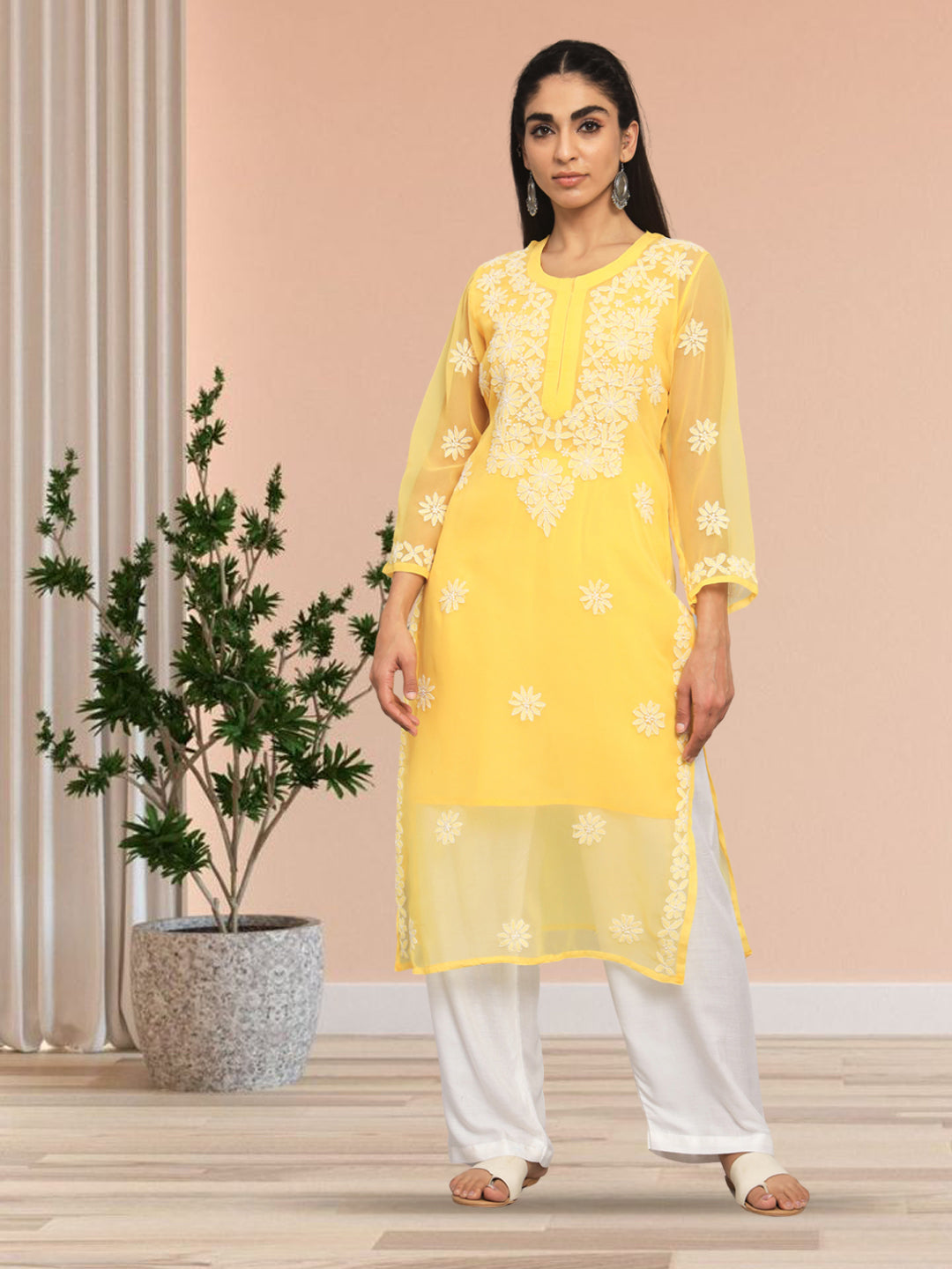 Hand Embroidered Lucknowi Chikankari Georgette straight Kurta With Matching Slip- PC3609