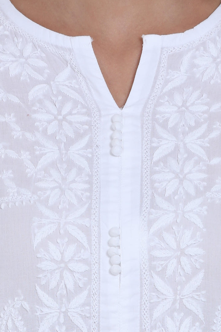 Hand Embroidered White Cotton Chikankari Straight Kurta-PC3450