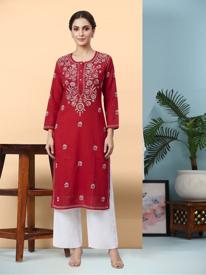 Hand Embroidered Chikankari Straight Floral Cotton Kurta-NTV115 Red