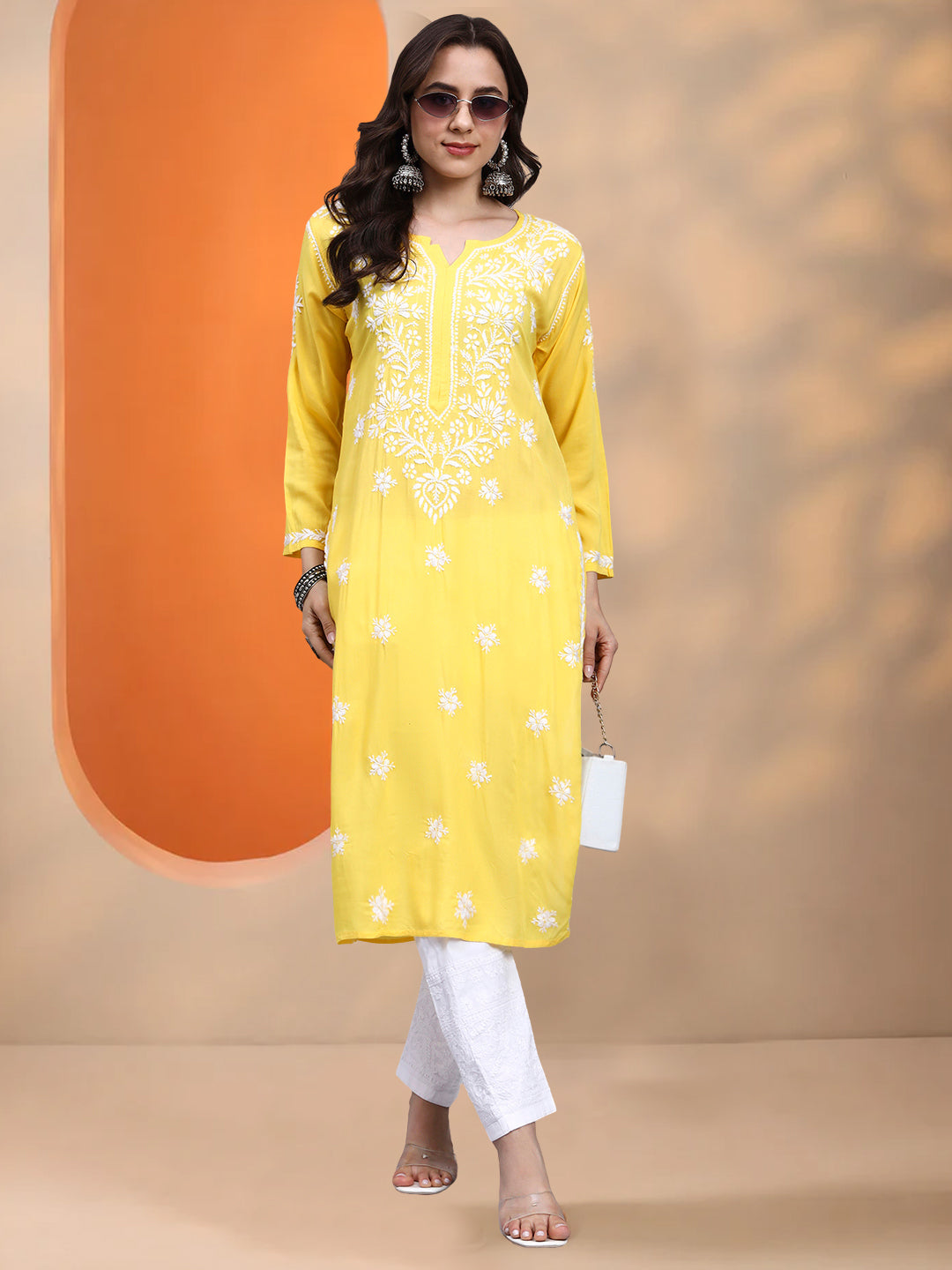 Hand Embroidered Chikankari Modal Straight Kurta- PC4059 Darkyellow