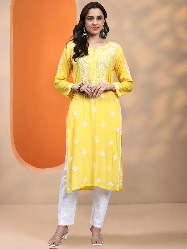 Hand Embroidered Chikankari Modal Straight Kurta- PC4059 Darkyellow