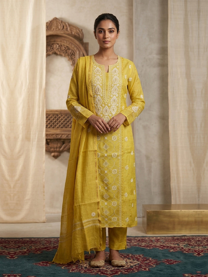 Women Hand Embroidered Chanderi Chikankari Dress Material PCSCA85201FS-YELLOW