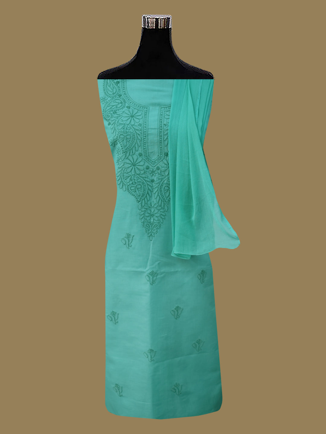 Women Hand Embroidered Cotton Chikankari Dress MaterialPCSCU00103FS-GREEN