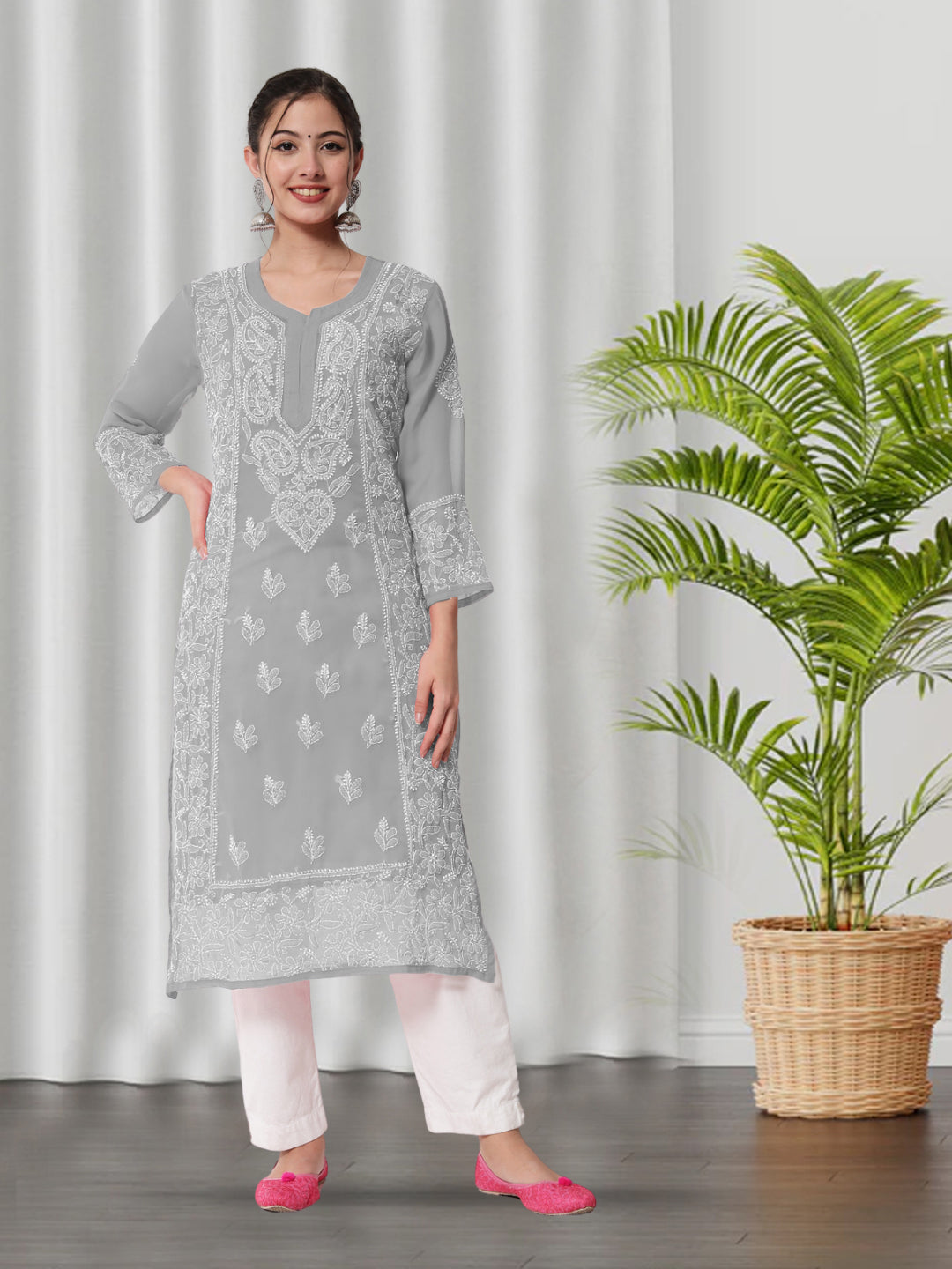 Hand Embroidered Chikankari Georgette straight Kurta With Matching Slip- PC3485