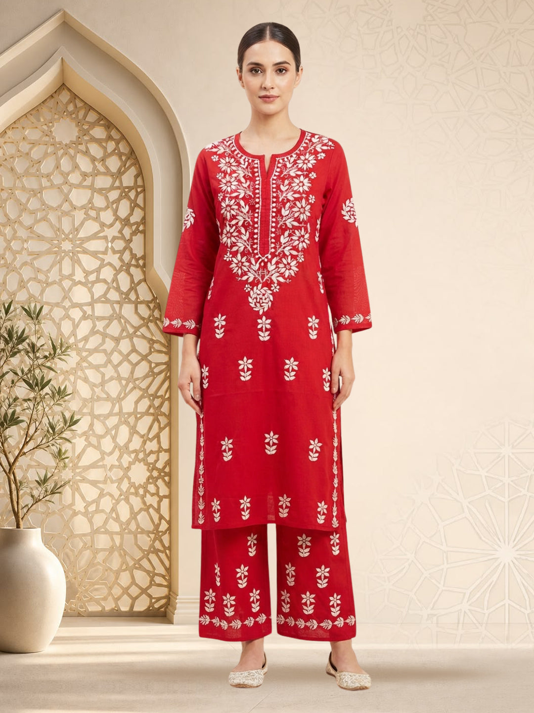 Women Hand Embroidered Chikankari Cotton Kurta Set PC4135KS Red