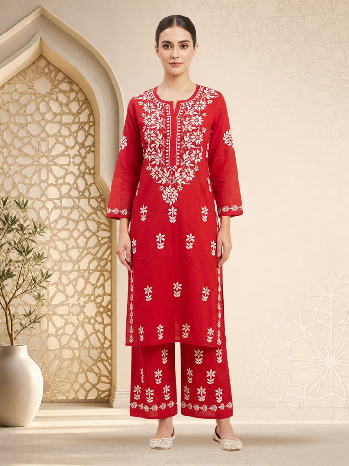Women Hand Embroidered Chikankari Cotton Kurta Set PC4135KS Red
