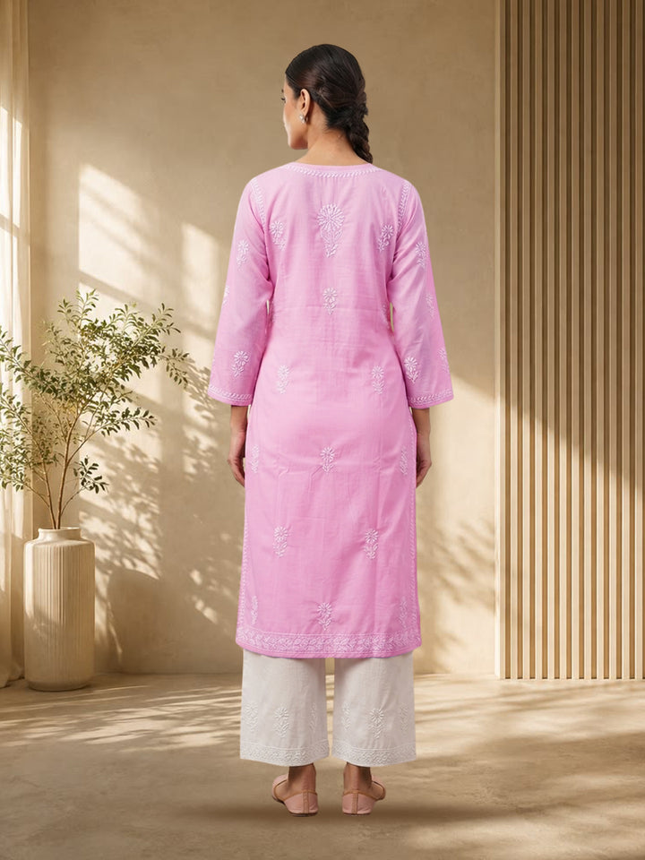 Hand Embroidered Chikankari Straight Floral Cotton Kurta-NTV115 Pink
